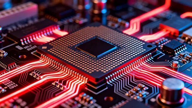 Closeup of a glowing circuit board