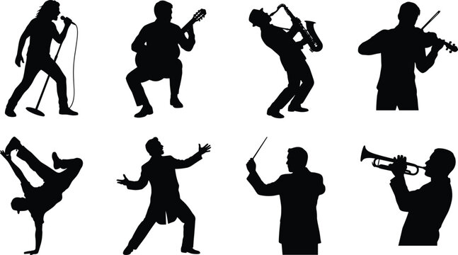 Musicians and performers silhouettes set featuring singer guitarist saxophonist violinist breakdancer opera singer conductor and trumpet player concepts