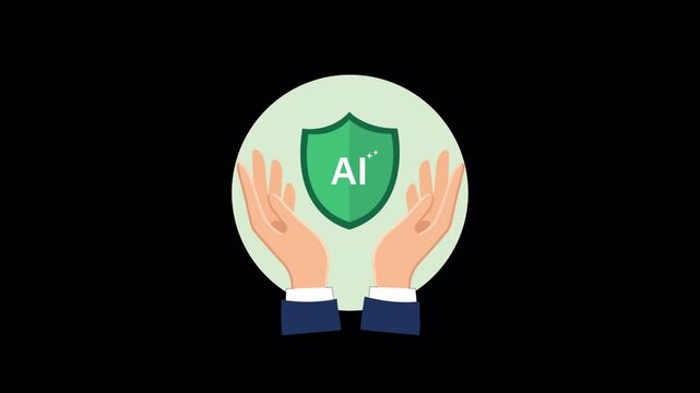 4k Hands Protecting AI Shield. Artificial Intelligence Security Concept Animation Video - Transparent