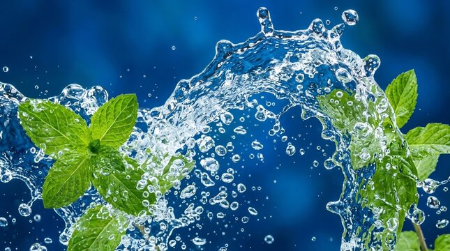 Fresh mint leaves with water splash on blue background