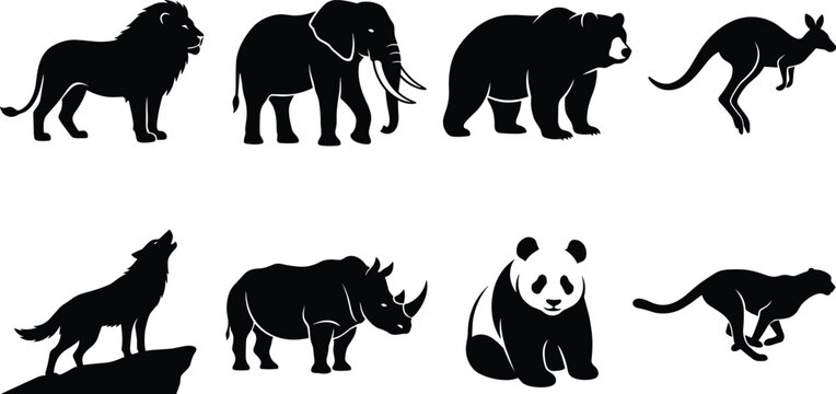 Wild Animal Black Silhouette Collection Featuring Lion Elephant Bear Kangaroo Wolf Rhino Panda and Big Cat Vector Set