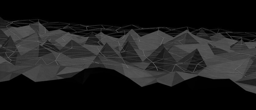 Monochromatic wireframe abstract landscape with sharp geometric shapes and interconnected lines