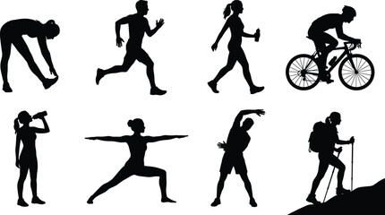 Fototapeta premium Fitness and Outdoor Activity Silhouette Icons Set with Yoga, Running, Cycling, and Hiking