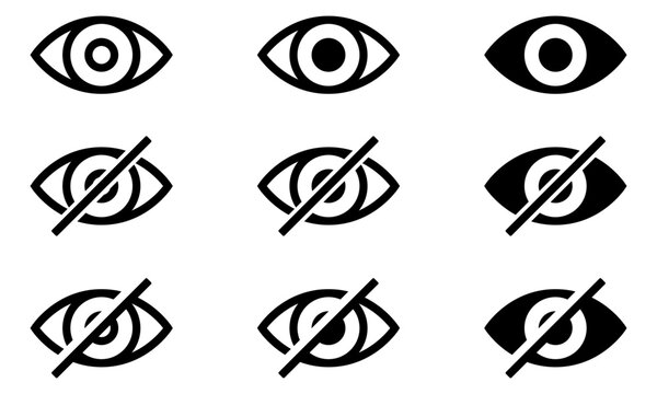 Eye visibility icon set with view, hidden, and crossed eye symbols in outline and filled styles. Minimal black vector collection for privacy, security, password, and interface design.