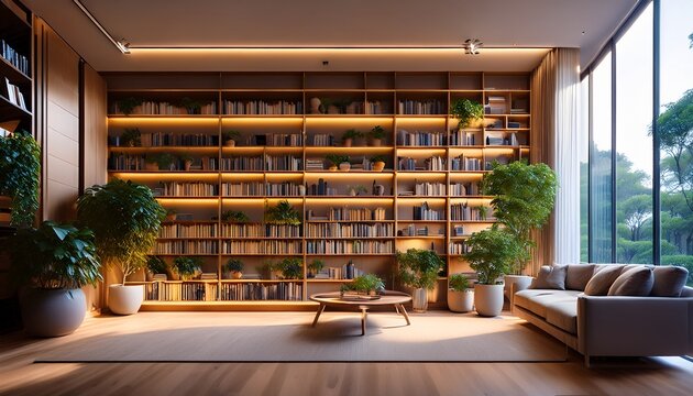 featuring warm accent lighting on built in bookshelves adorned plants decor items cozy elegant home library zoom virtual meetings backgrounds stylish interior backdrops design empty living room