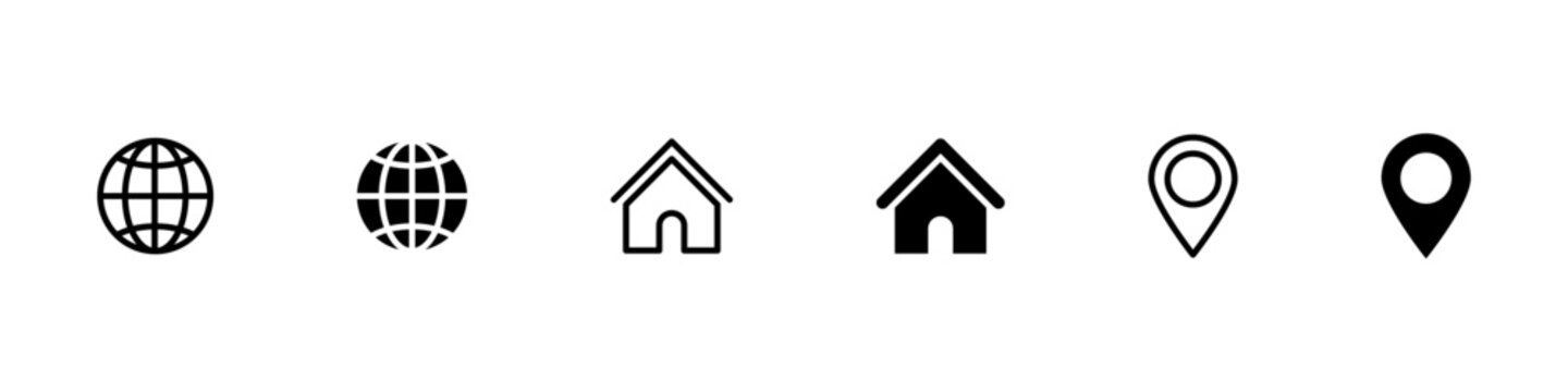 Website, home and location address icon set with outline and filled globe, house and map pin symbols. Minimal black vector collection isolated on white for address, contact, web and navigation design.