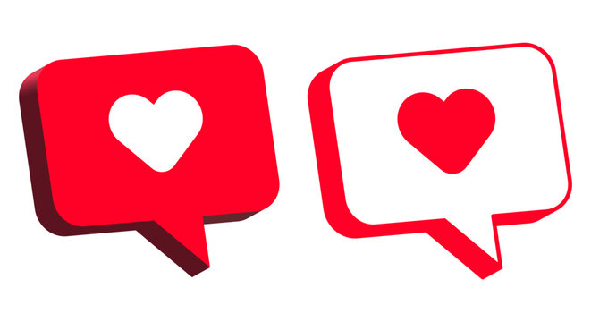 Set of red heart notification chat bubble icons in solid 3D and outline styles. Social media like symbols for love, feedback, messaging, app, web, and digital communication design.