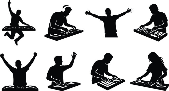 Black Silhouette Collection of DJs Performing with Turntables Featuring Dynamic Poses and Music Mixing Scenes