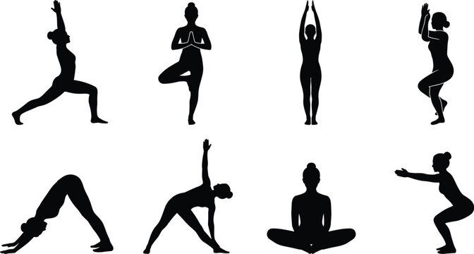 Yoga Pose Black Silhouette Collection Featuring Meditation Balance Stretching and Fitness Exercise Isolated Vector Set