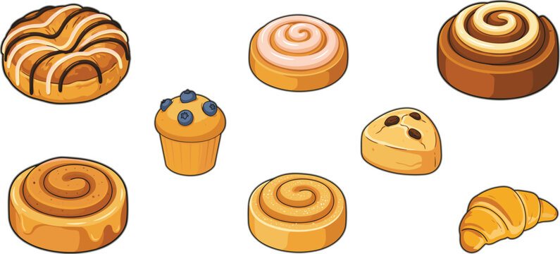 Delicious sweet pastry and bakery illustration collection including frosted cinnamon rolls blueberry muffin chocolate drizzled danish scone and a flaky croissant on white background
