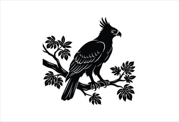 Fototapeta premium Harpy eagle silhouette on a branch black and white graphic