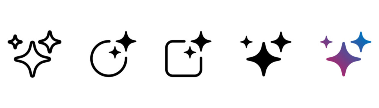 Sparkle icon set with outline, filled, and gradient star symbols for AI, magic, and creative apps. Modern vector collection isolated on white background.