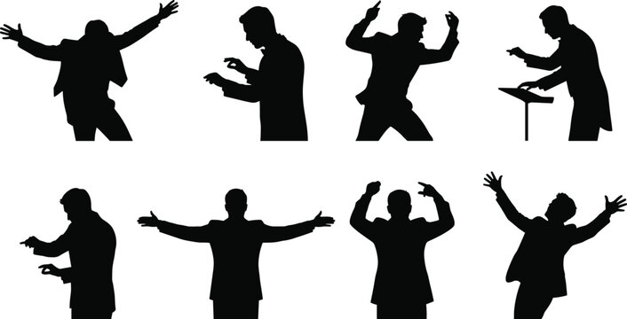 Silhouettes of Orchestra Conductor in Expressive Musical Directing Poses Collection