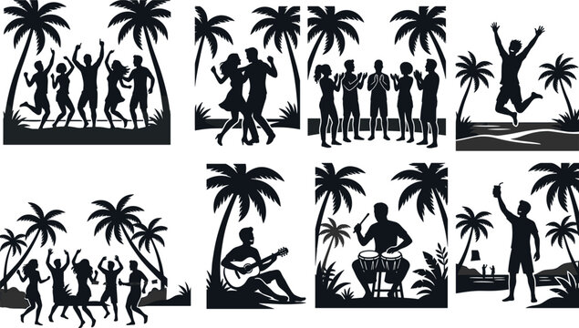 Collection of tropical beach party silhouettes featuring people dancing jumping clapping playing guitar and bongo drums under palm trees in image_263ca4.jpg