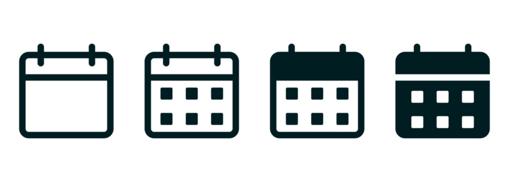 Calendar icon set with outline and filled date symbols in dark style. Simple vector planner, schedule, event, and appointment icons isolated on white background.