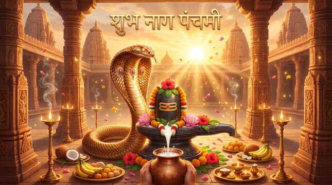 Nag Panchami Festival Worship with Cobra Shiva Lingam Milk Abhishek Temple Ritual and Sacred Hindu Devotion