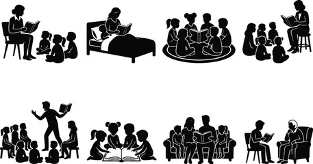 Obraz premium Collection of people silhouettes reading books featuring teacher storytelling to children parents bedtime story group study and family time