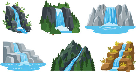 Flat vector waterfall illustration collection featuring scenic mountain cascades river streams forest falls rocks and water currents isolated on a clean white background © Mehedi