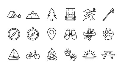 Fototapeta premium Outdoor adventure icons for travel camping and exploration activities