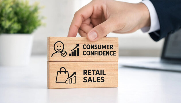 Hand holding wooden block with consumer confidence and retail sales icons on white desk in office transparent background