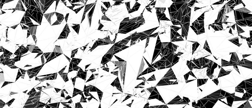 Chaotic abstract geometric pattern with triangulation and dots in black and white