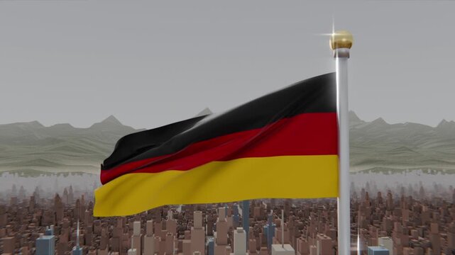 Rippling tricolor flag, breeze driving undulating waves across city skyline, glinting gold finial