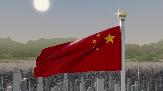 Billowing red China flag with five stars reacting to gusts above city skyline, pole glinting