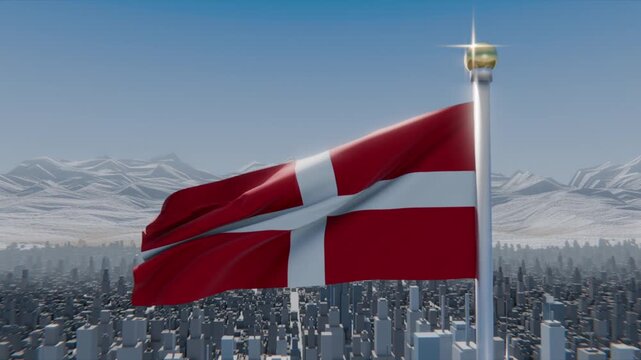 Waving Danish flag responding to gusts of wind above city skyline, silver flagpole, snow peaks