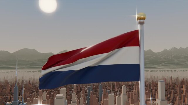 Fluttering red white blue flag catching gusts above city skyline, golden finial glinting