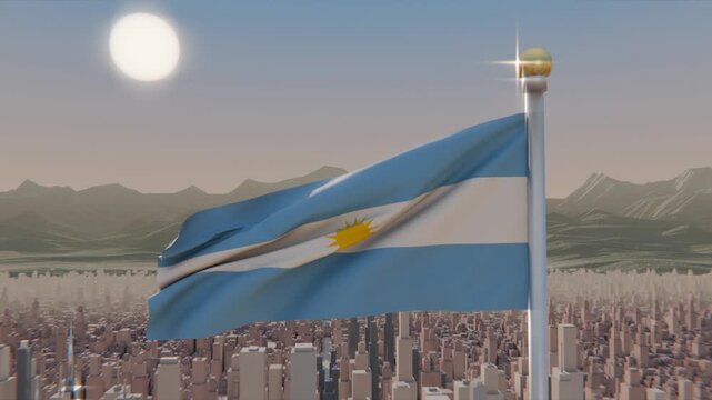 Fluttering blue-white-blue flag exposing yellow sun emblem on rooftop while gusts pushing fabric