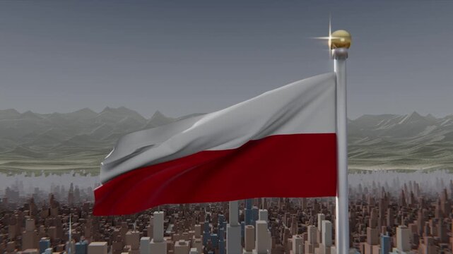 Waving white-red flag rippling from steady wind above city and mountains, showing metal pole finial