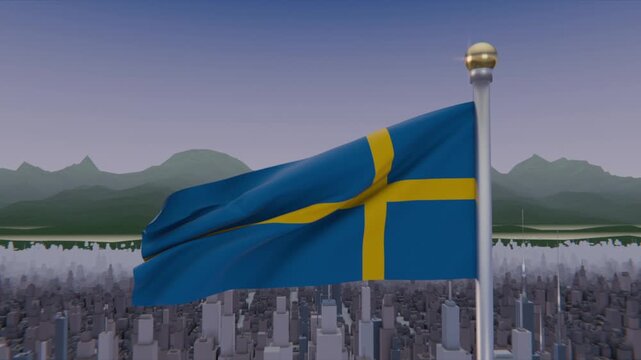 Fluttering blue flag with yellow cross on silver pole, golden finial, rippling by gusts over city