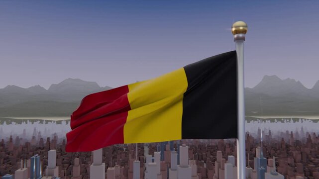 Tricolor flag rippling from breeze, flaring and settling above rooftop city skyline, with pole