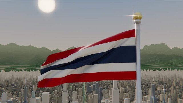 Waving national flag rippling on pole above urban skyline from steady breeze, gold finial shining