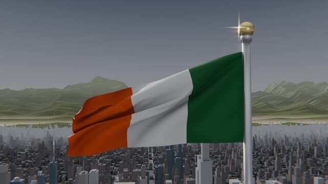 Rippling large tricolor flag unfurling from crosswind above high-rise city, showing gold finial