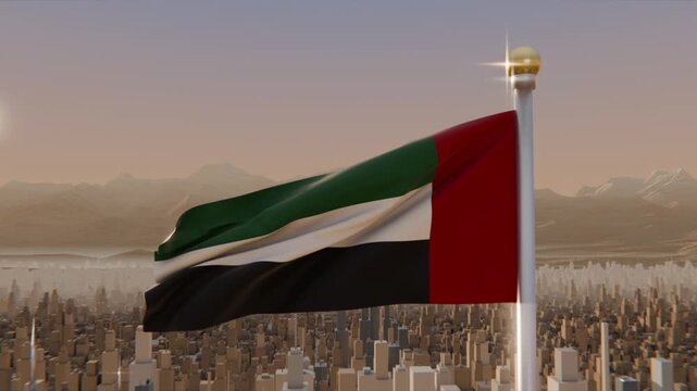 Waving national flag on tall pole rippling from breeze above city skyline at sunrise, golden finial