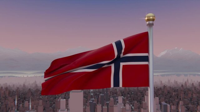 Billowing Norwegian flag catching wind gusts, folding and stretching above dense cityscape at dawn