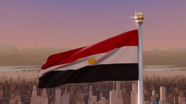 Fluttering tricolor flag folding, unfurling over city, gusts shifting yellow emblem, finial shining