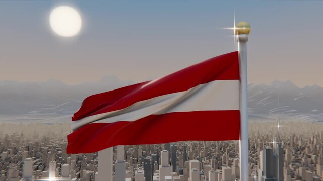 Billowing red-white-red flag rippling as lateral gusts sweep city skyline, showing silver finial