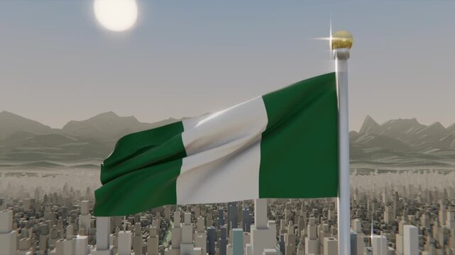 Billowing large green white green flag catching gusts above city, flagpole finial reflecting sun