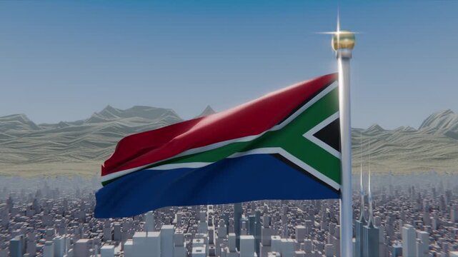 Billowing big tricolor flag responding to gusts above dense city and mountains, showing gold finial