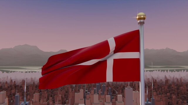 Fluttering red flag displaying white Nordic cross on metallic pole over skyline at dusk from gusts