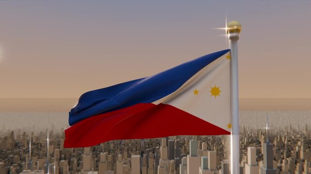 Waving Philippine flag reacting to wind gusts over city skyline, rising sun brightening folds