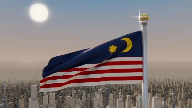 Fluttering Malaysian flag rippling in mild breeze over urban skyline, catching sun on gold finial