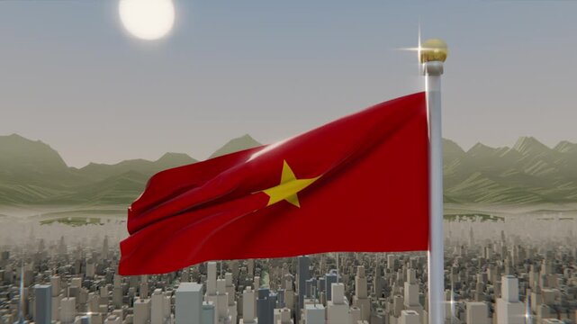 Gusting wind unfurling red flag with yellow star over city skyline near silver pole aligning star