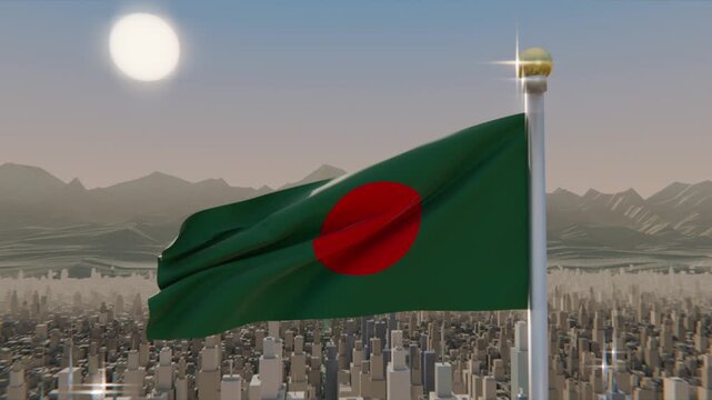 Blowing gusting breeze sending green flag with red disc rippling above city, pole and sun glinting