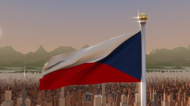 Fluttering tricolored national flag responding to gusts above city skyline, pole with gold finial