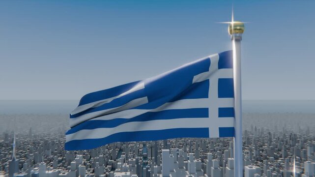 Fluttering blue-white flag with white cross responding to gusts over dense skyline, finial gleaming