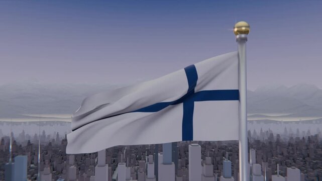 Waving white flag with dark-blue cross rippling in gusts above city skyline, metal pole gold finial
