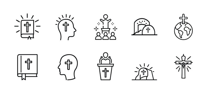 Catholic spirituality biblical devotions line icons set scripture crucifix preacher earth grave testament & more vector illustration with editable stroke